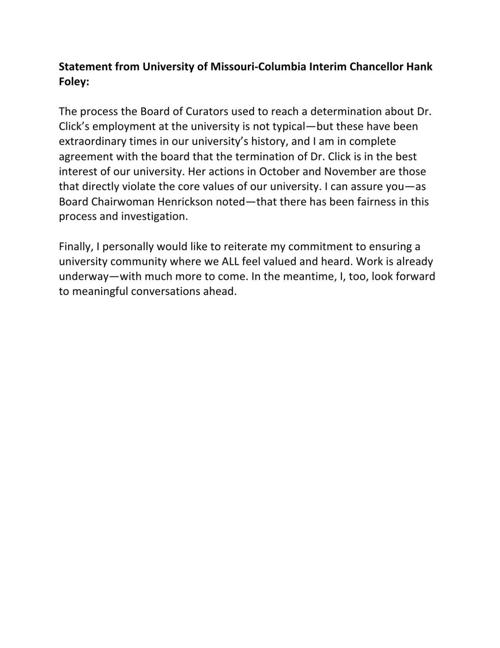 Statement from Hank Foley, interim chancellor at MU