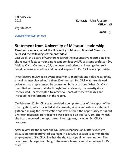Statement from Pam Henrickson, chair of the University of Missouri Board of Curators