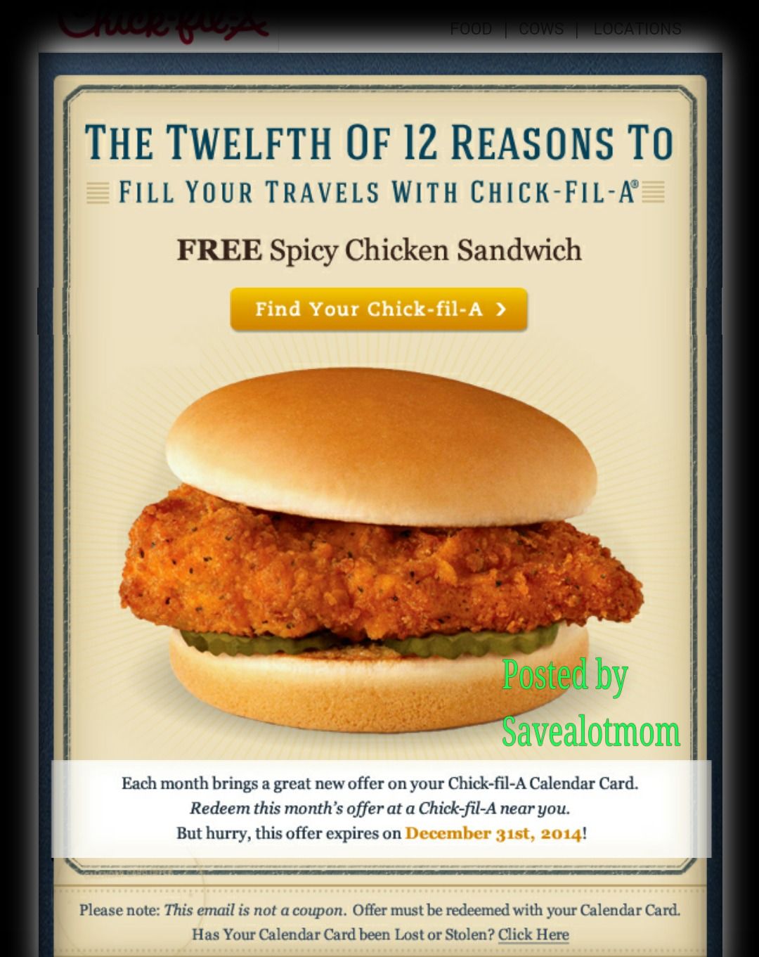 Chick Fil A FREE Spicy Chicken Sandwich! Savealotmom