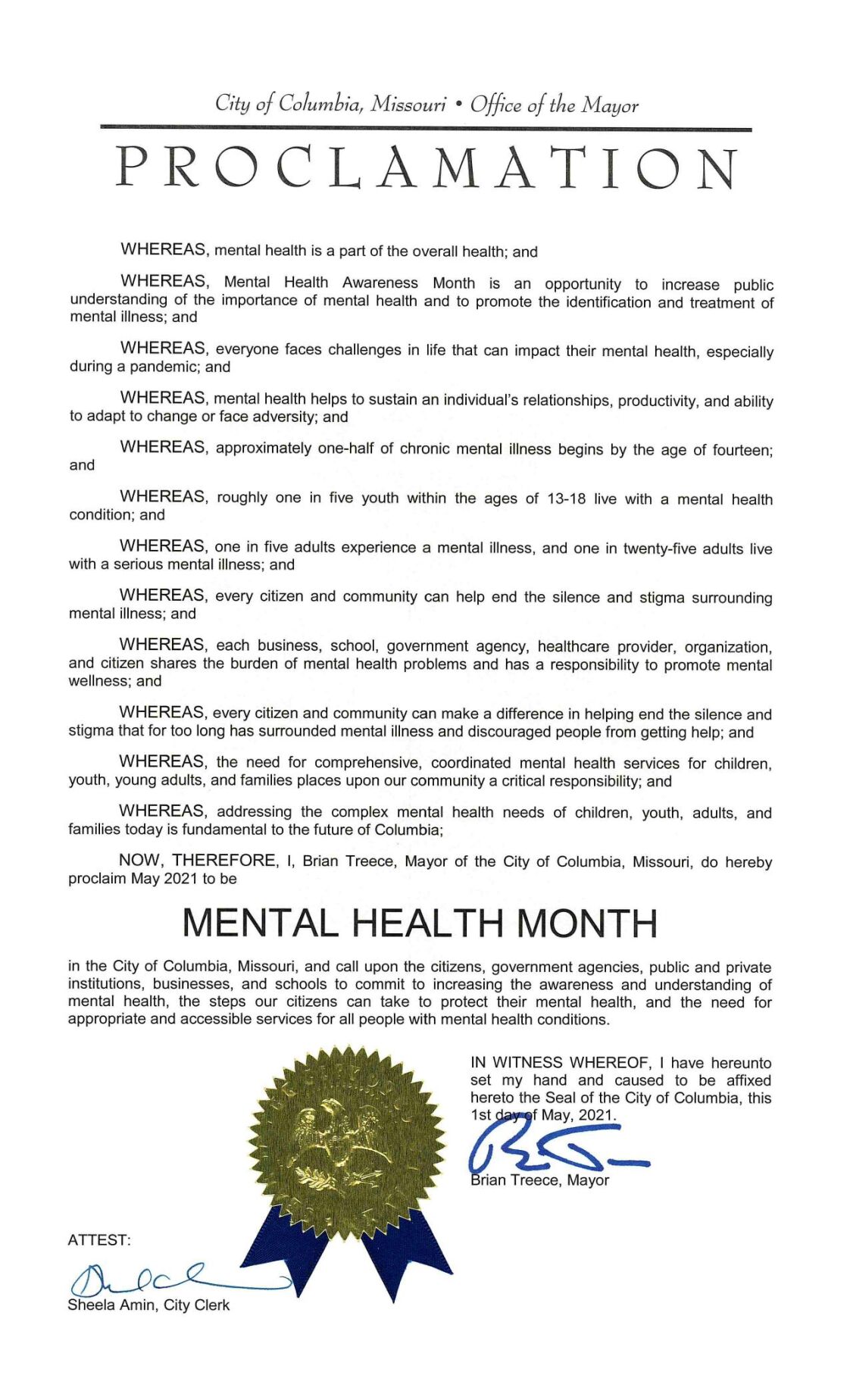 City Of Columbia Mental Health Month Proclamation Pdf Komu