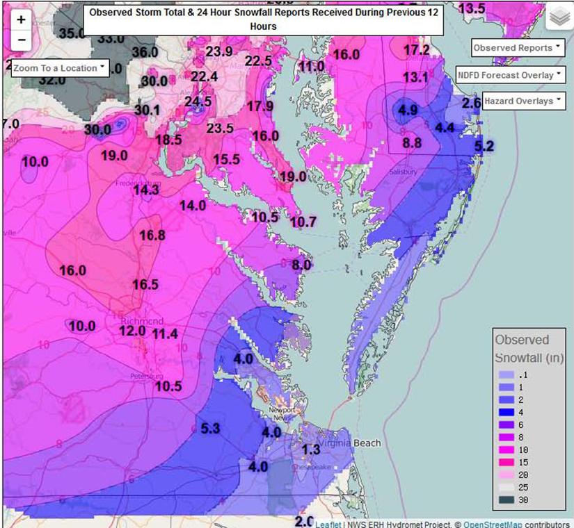 Central Va. snowfall accumulation reports from the National Weather