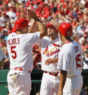 Matt Holliday is congratulated