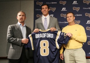 The St. Louis Rams introduced quarterback Sam Bradford as their selection with the first pick in the 2010 NFL draft.