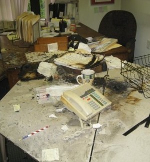 Carnahan's campaign office after an apparent fire bombing early Tuesday morning