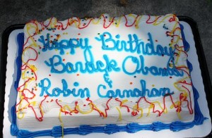 Cake from GOP wishing Obama, Carnahan a happy birthday. Both were born Aug. 4, 1961