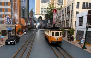 A model trolley in the window of Blueberry Hill in the Loop