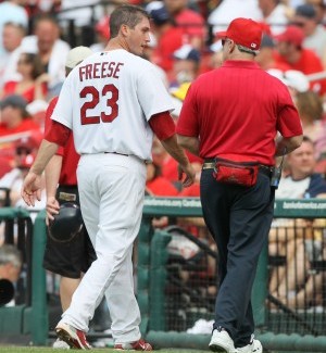David Freese leaves the field