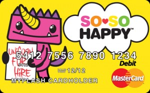 Prepaid debit card by Myplash featuring a cartoon unicorn.