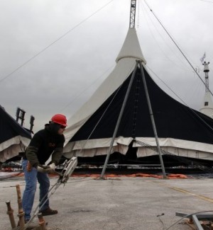 White tent of Cavalia hoisted in St. Louis.