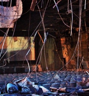 Interior shot of partially demolished Avalon Theater at night