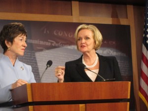 Sen. Claire McCaskill, right, and Sen. Susan Collins photographed in the U.S. Capitol on Dec. 6, 2011.