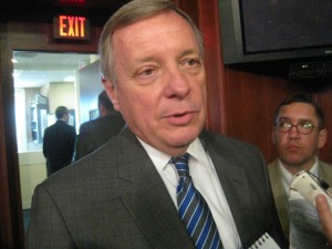 Illinois Sen. Dick Durbin (D) talks to reporters this afternoon after final approval of new cocaine sentencing rules.
