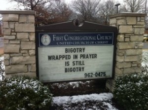 Anti-bigotry message at Webster Groves First Congregational Church