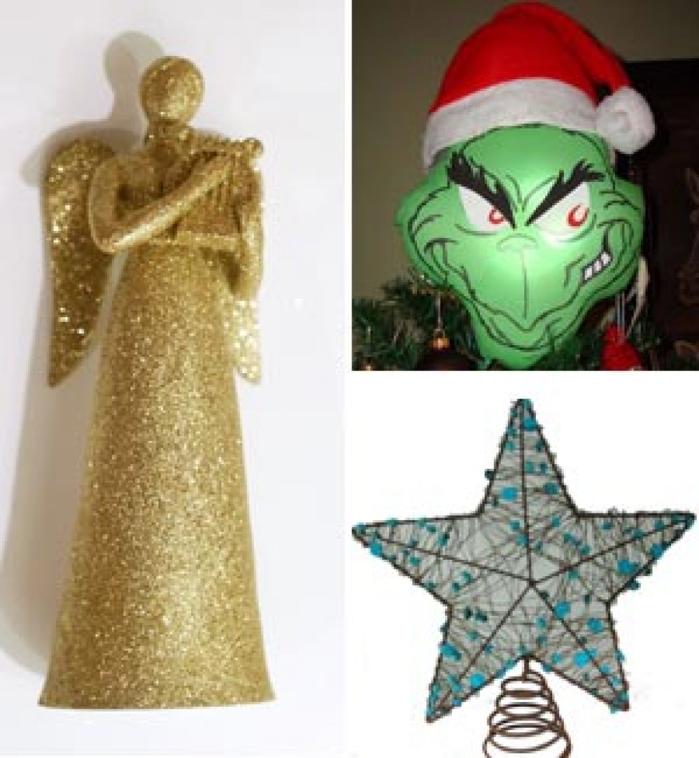 Christmas tree toppers of angel, star, grinch