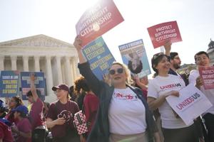 Supporters of birthright citizenship rally outside the U.S. Supreme Court as the justices hear oral arguments in Trump v. Barbara in Washington, DC, on April 1, 2026.