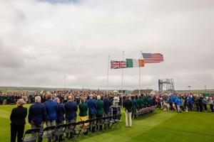 Flags from Great Britain, Ireland and America are raised during the opening ceremony at the 2026 Walker Cup at Lahinch in County Clare, Republic of Ireland on Friday, Sept. 4, 2026.