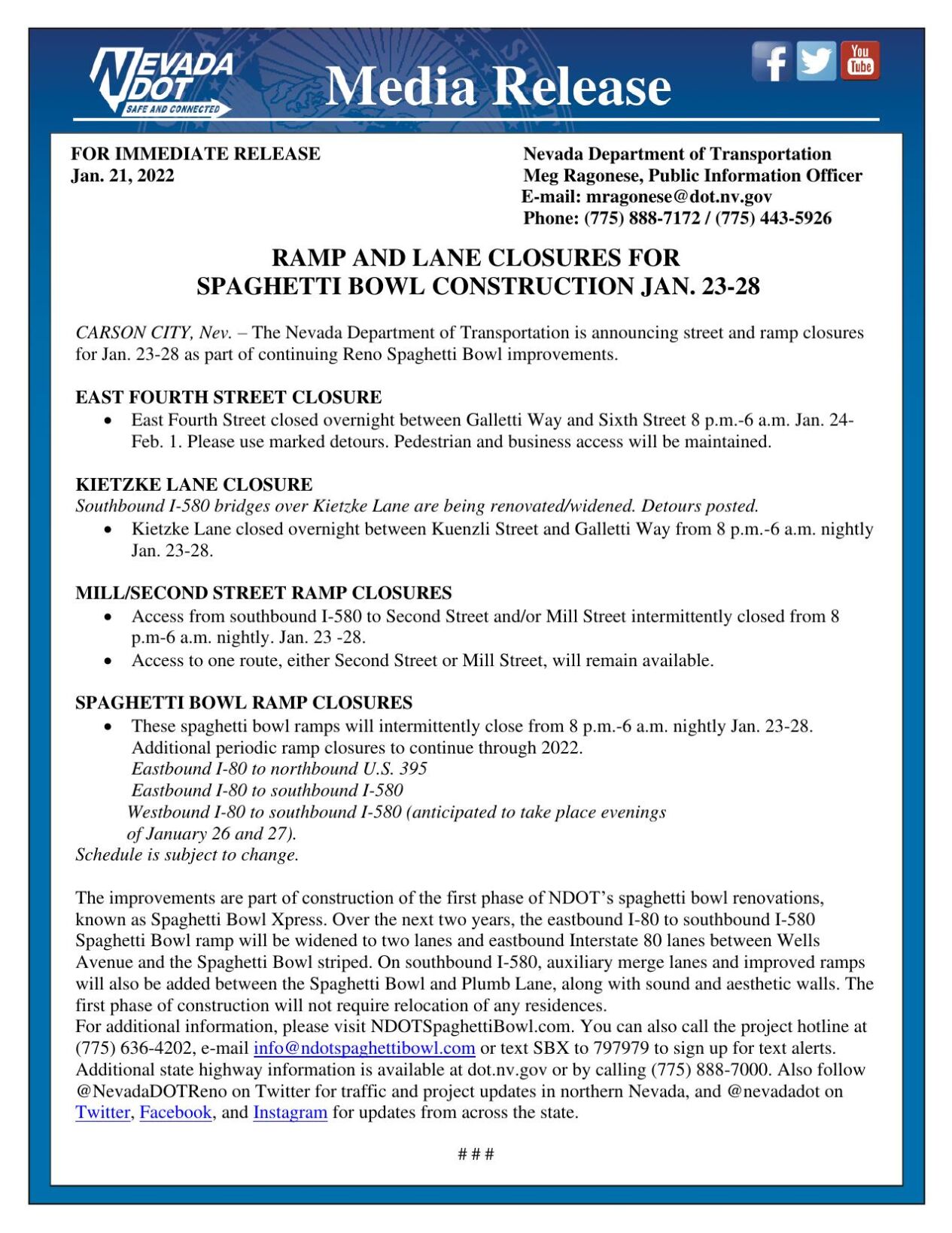 NDOT Spaghetti Bowl Closures jan. 23