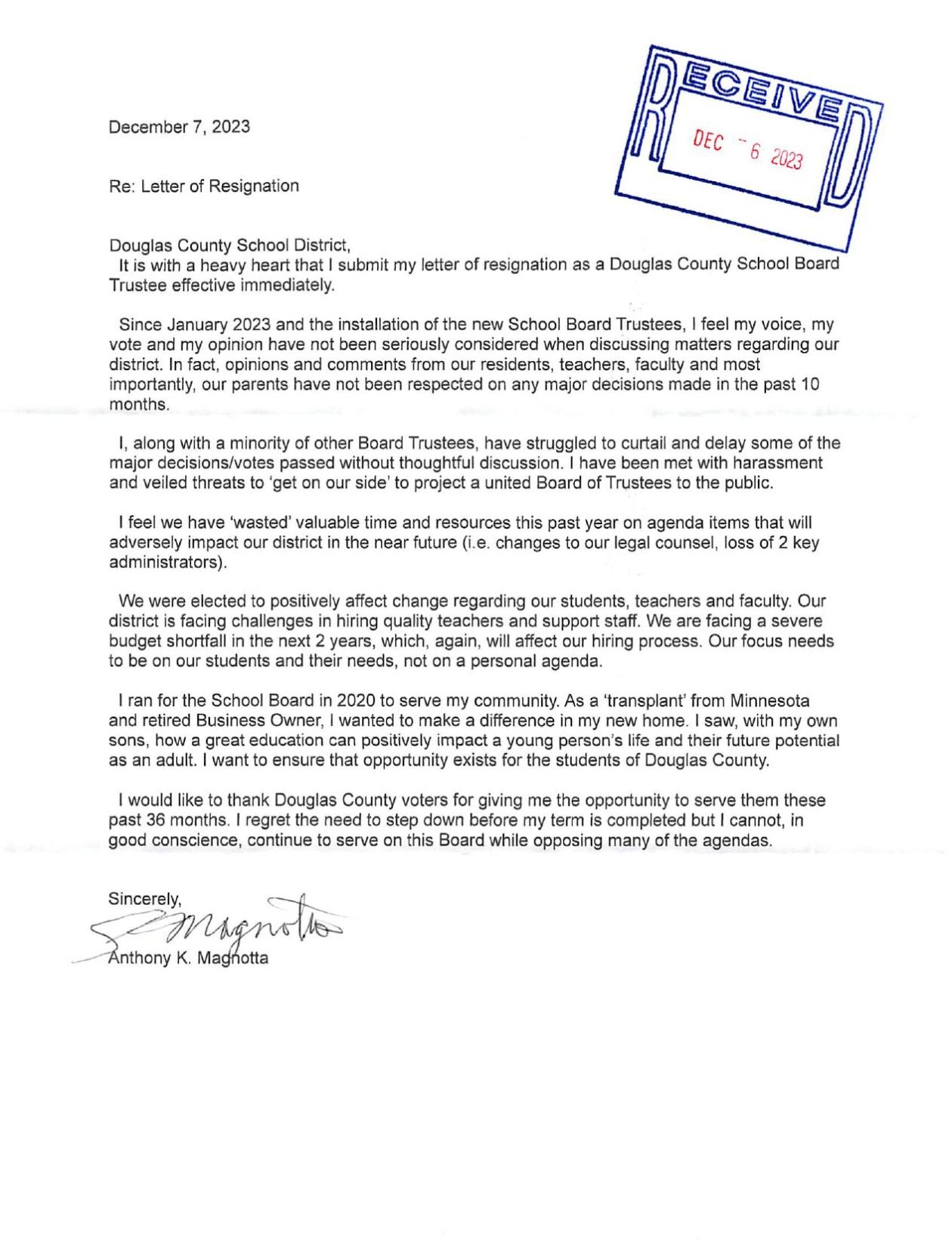 Magnotta Resignation Letter