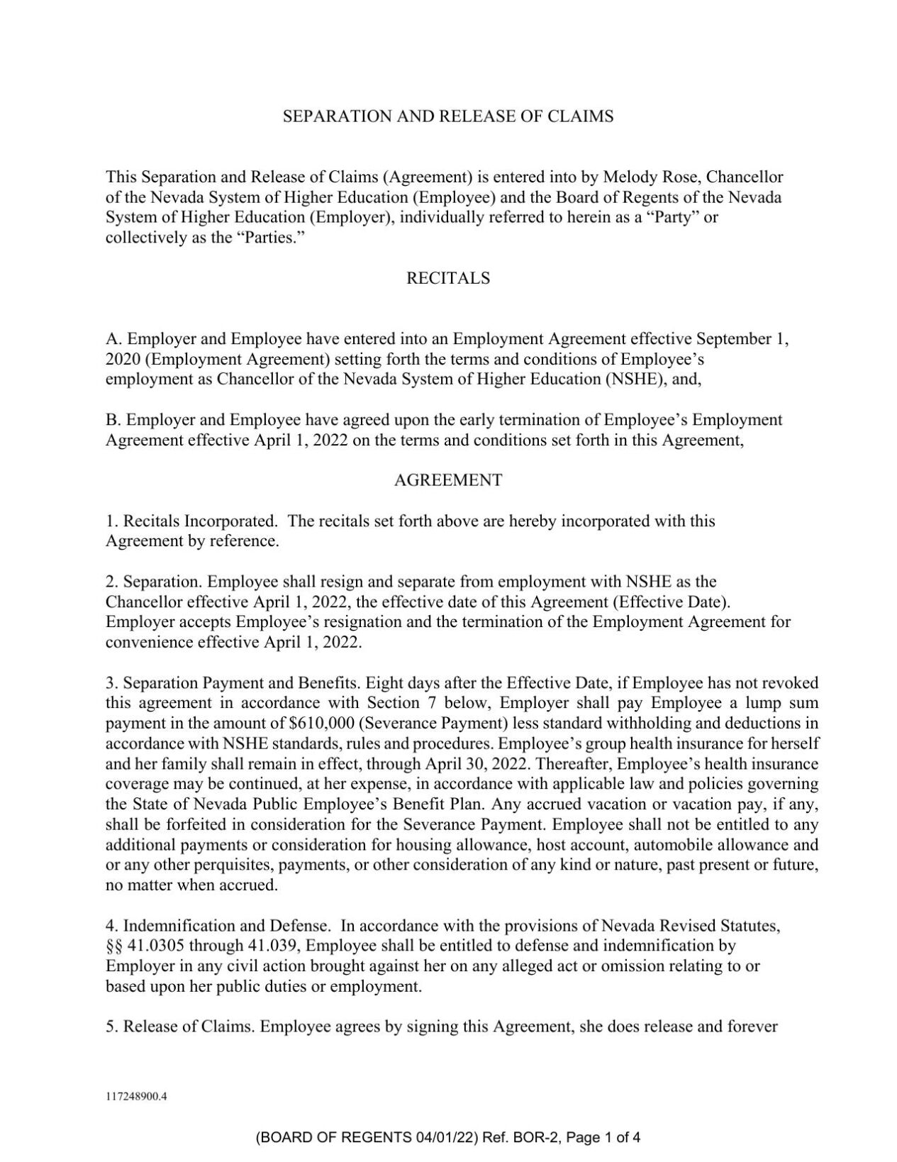 Proposed Separation Agreement NSHE
