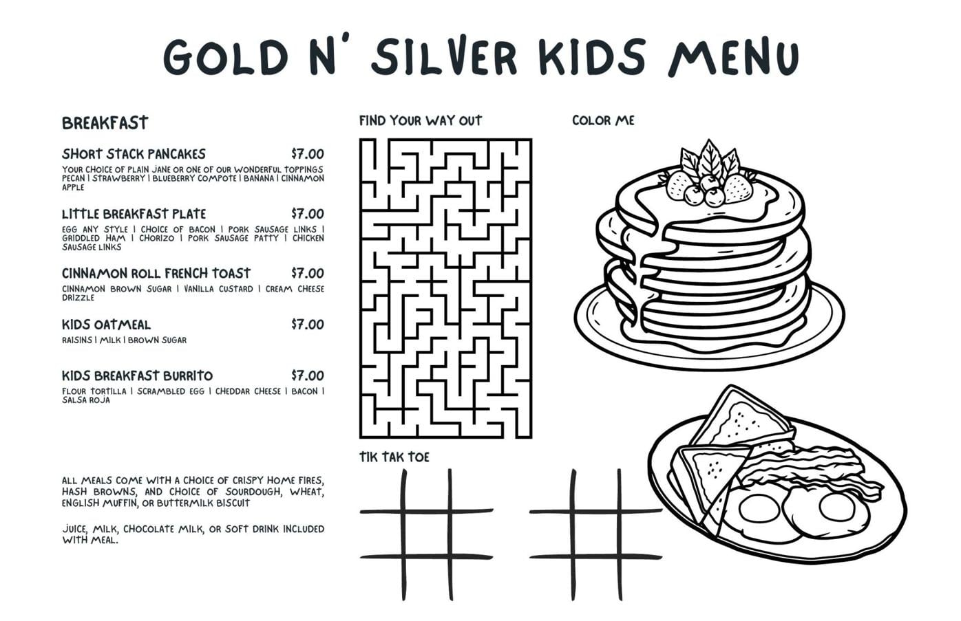 Gold 'N Silver Inn kids menu