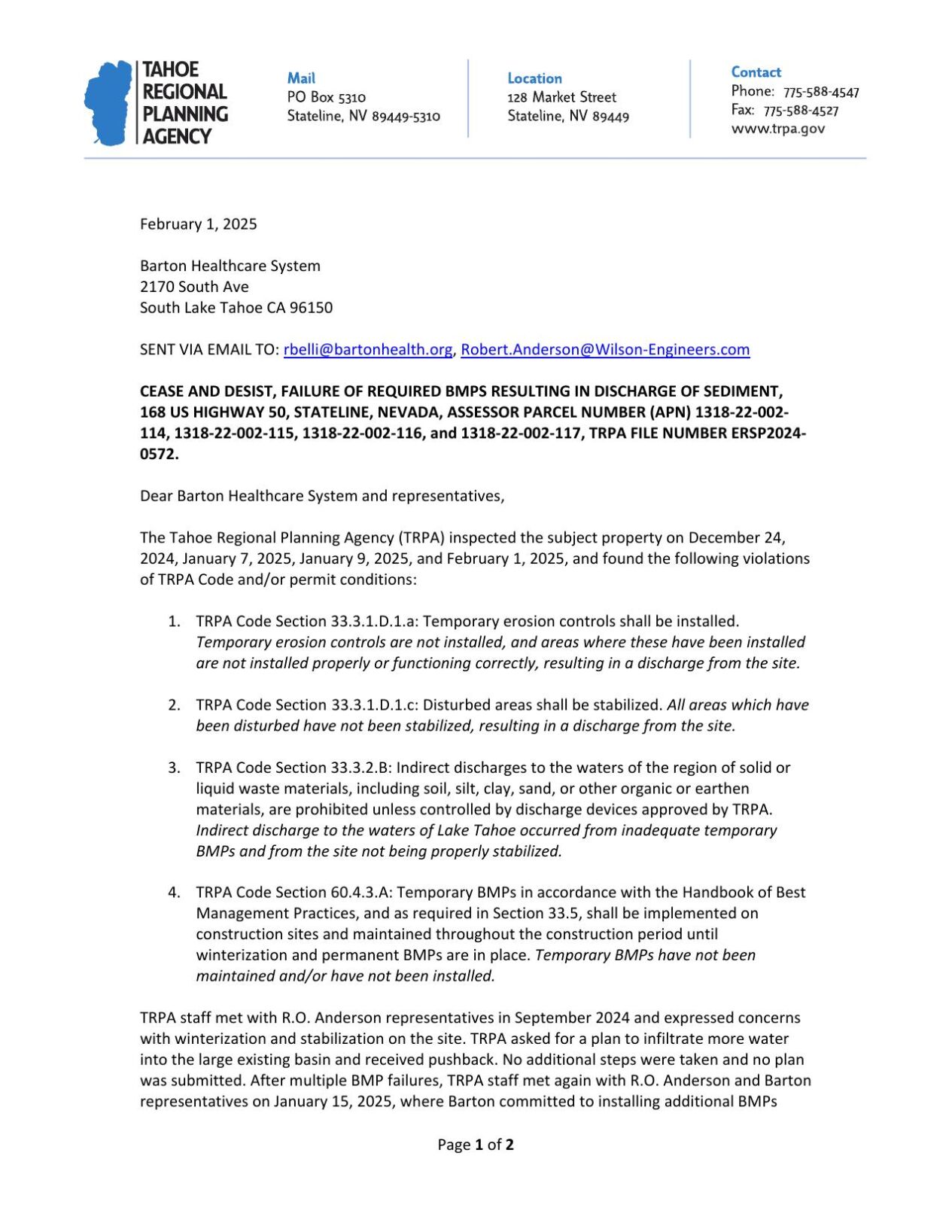 Cease & Desist - TRPA / Barton Health