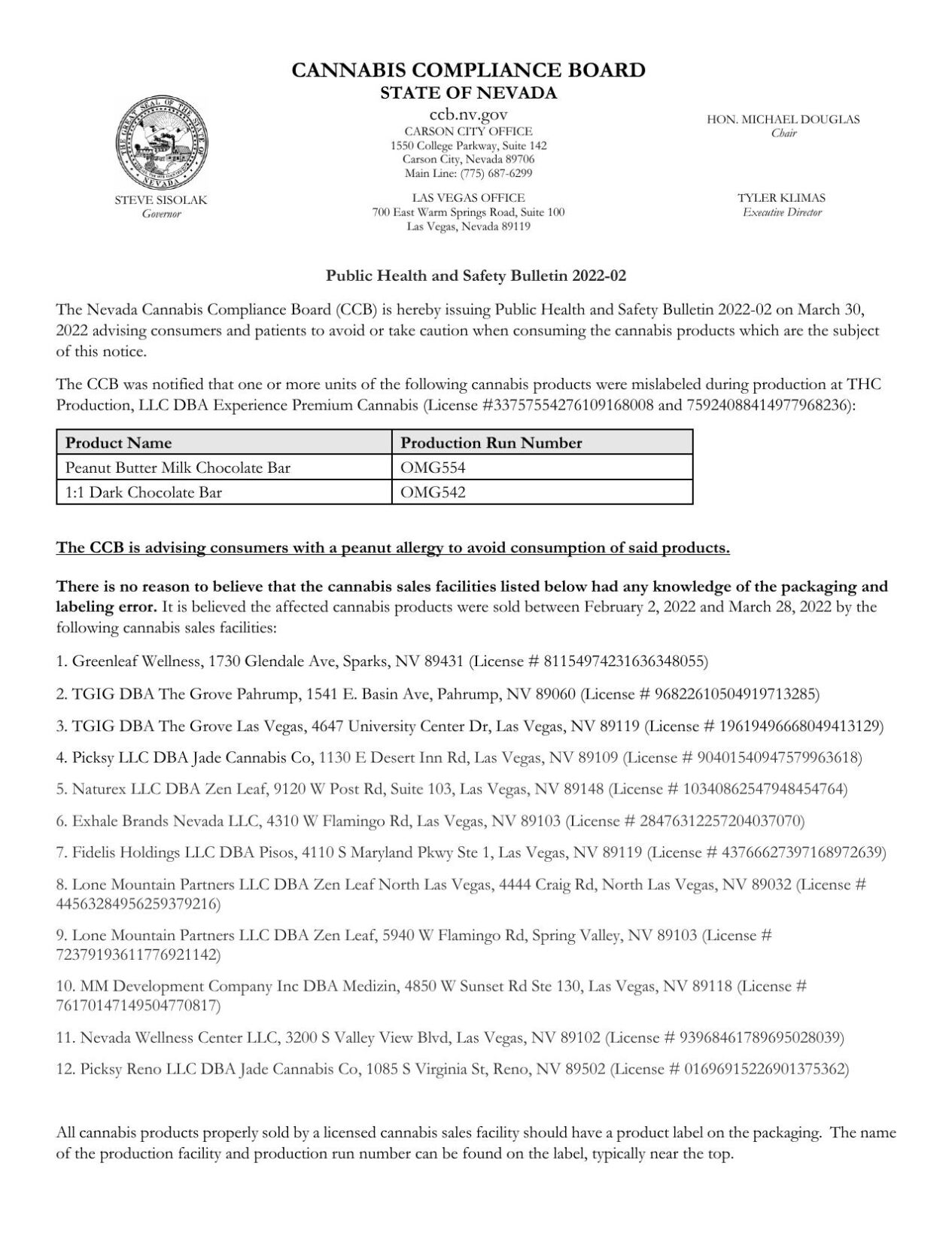 Cannabis Compliance Board Public Health and Safety Bulletin 2022-02
