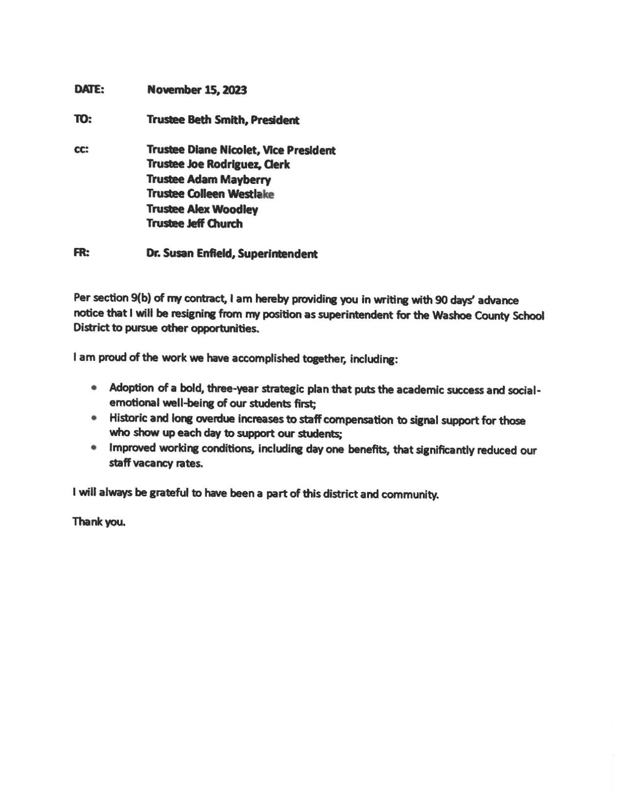 WCSD Dr. Enfield Resignation Letter