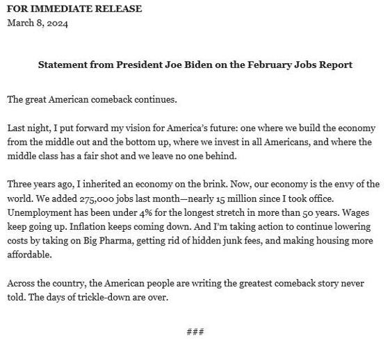 White House Statement on February Jobs Report
