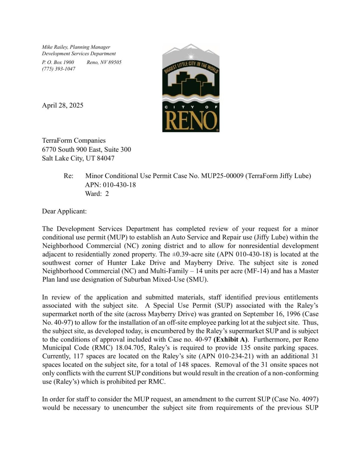 City of Reno Jiffy Lube letter