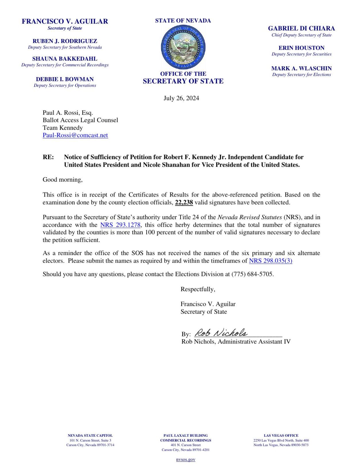 Secretary of State Memo Showing Notice of Sufficiency for RFK Jr.