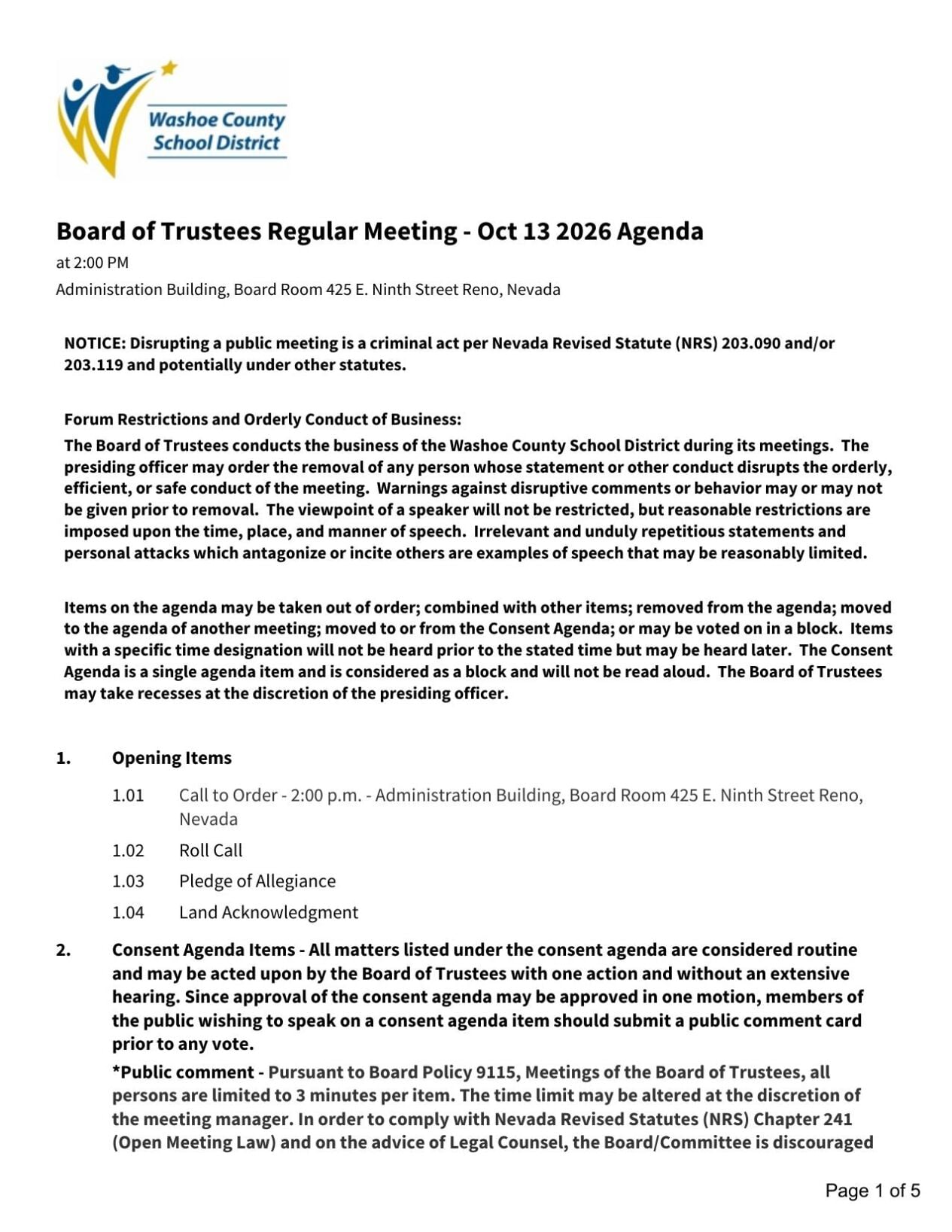 WCSD Trustees meeting, Oct. 13, 2026