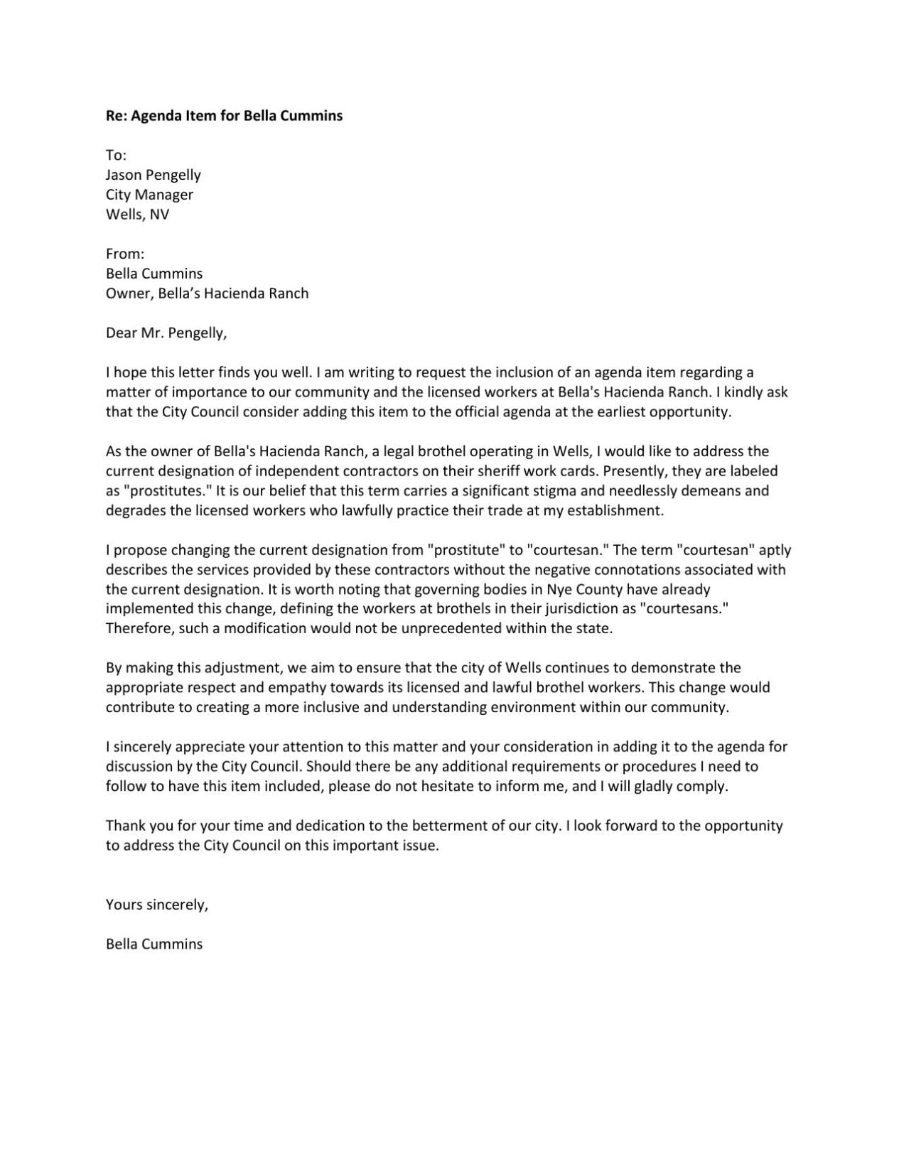 Bella's Hacienda Letter to City Council