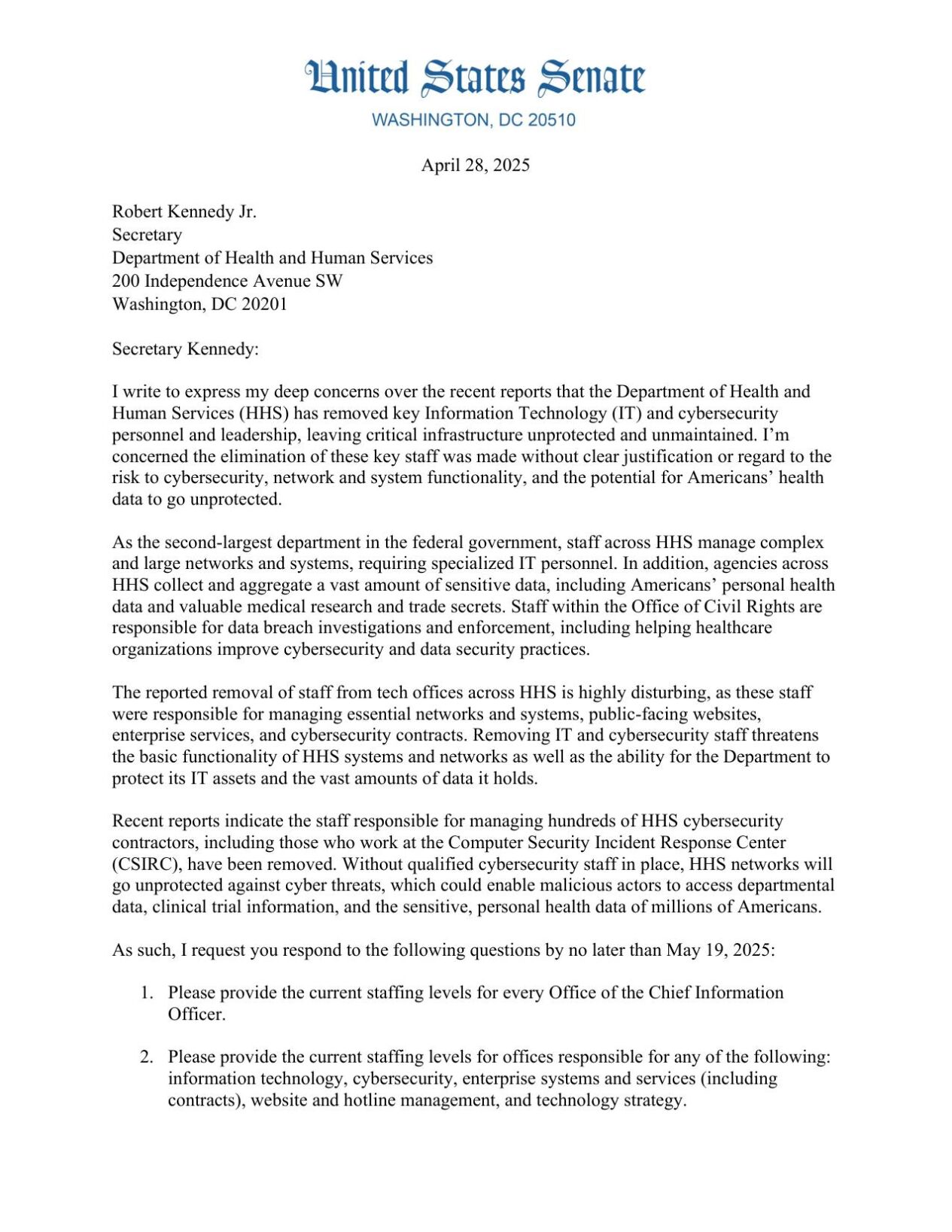 Sen. Rosen's Letter To HHS