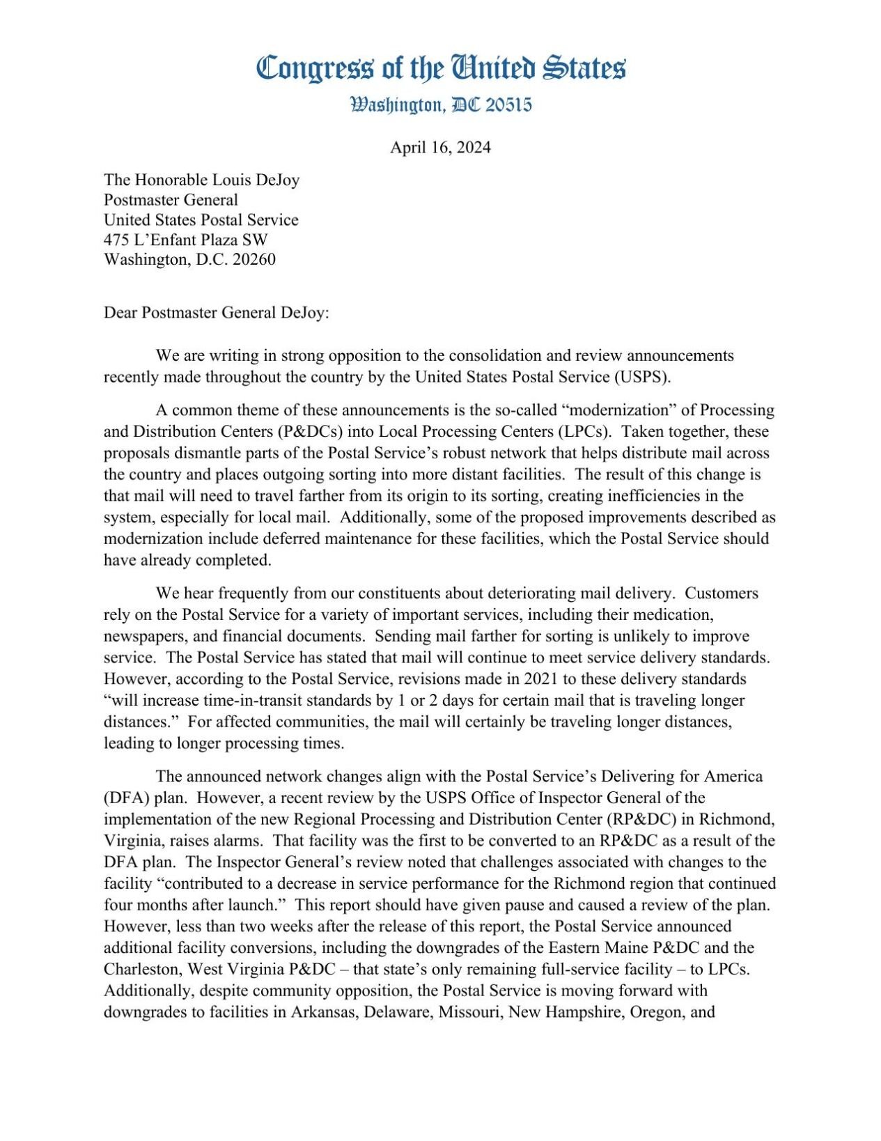 Bipartisan Letter to Postmaster General Louis DeJoy