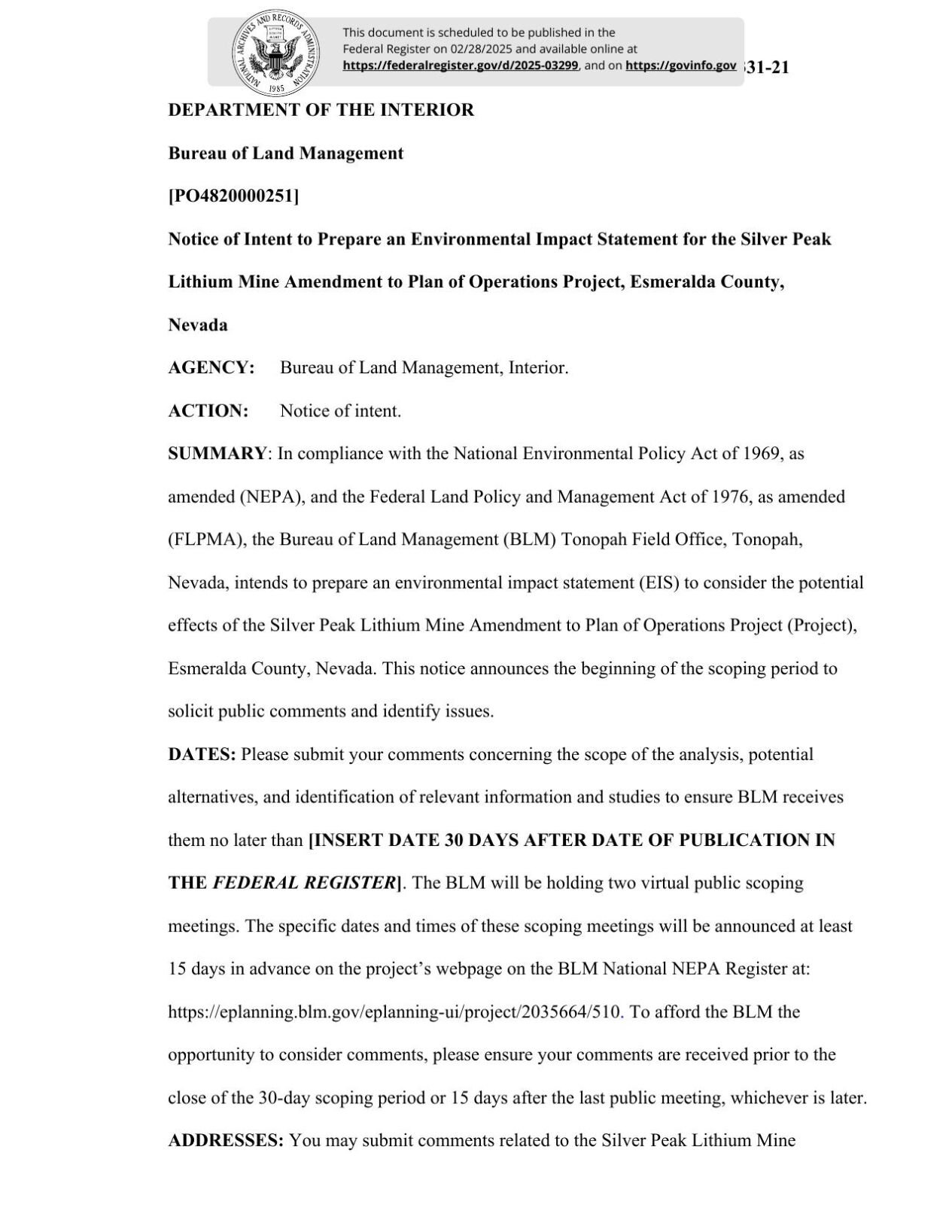 BLM Silver Peak expansion