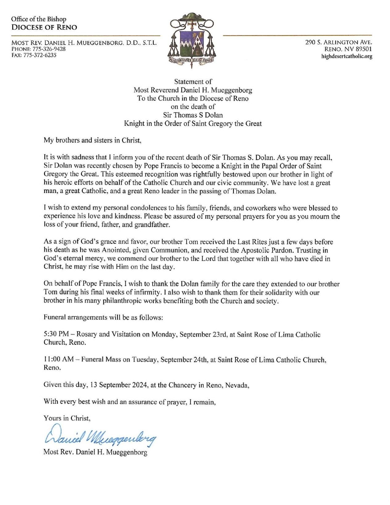 Statement by Diocese of Reno on Tom Dolan's death