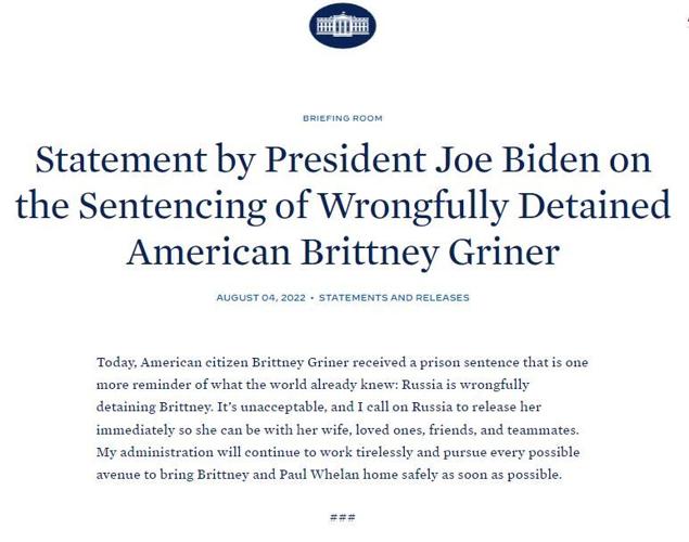 President Biden statement on Brittney Griner