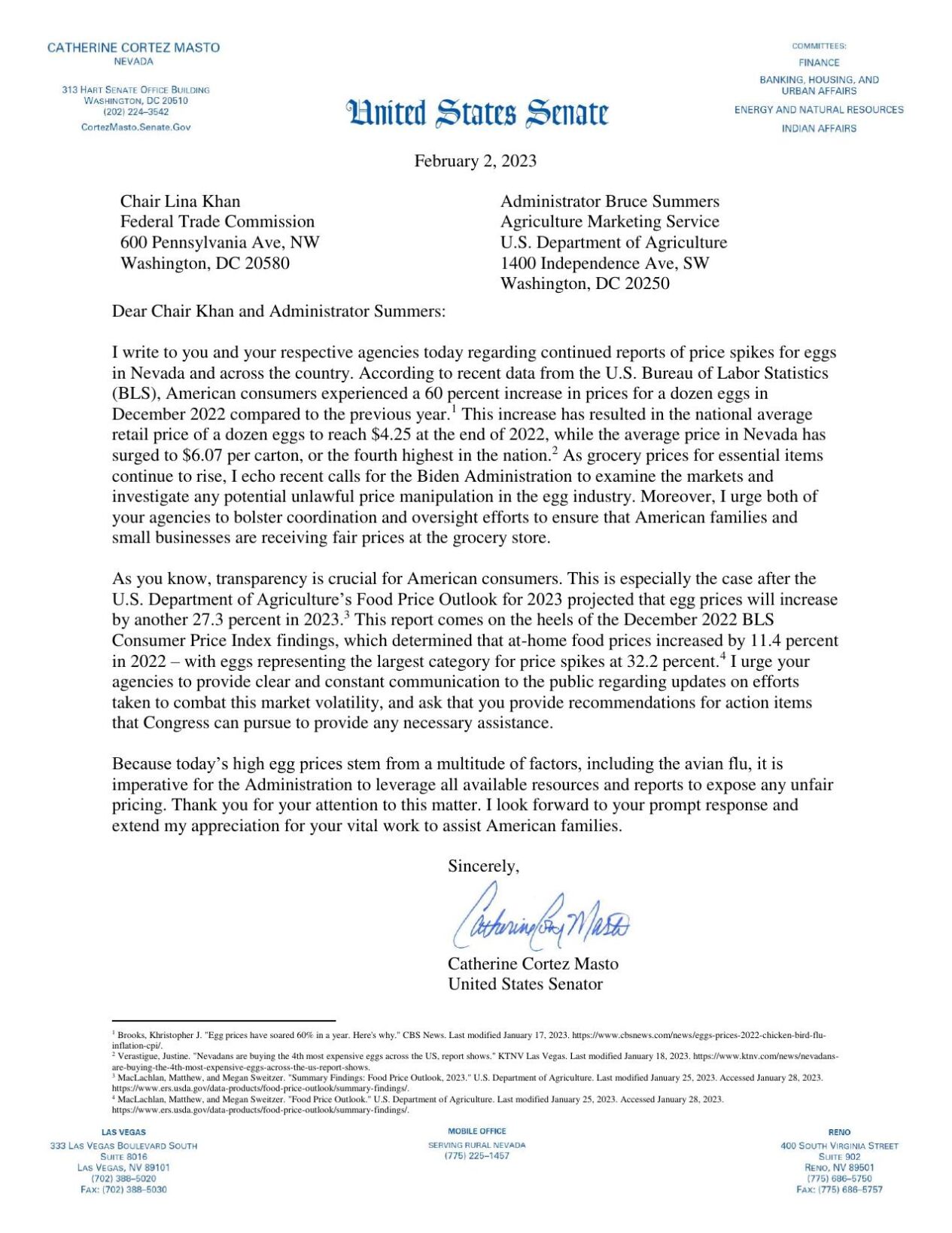 Cortez Masto Letter to Chair about Nevada Egg Prices