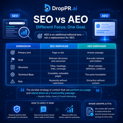 DropPR.ai Releases Practical SEO-versus-AEO Comparison