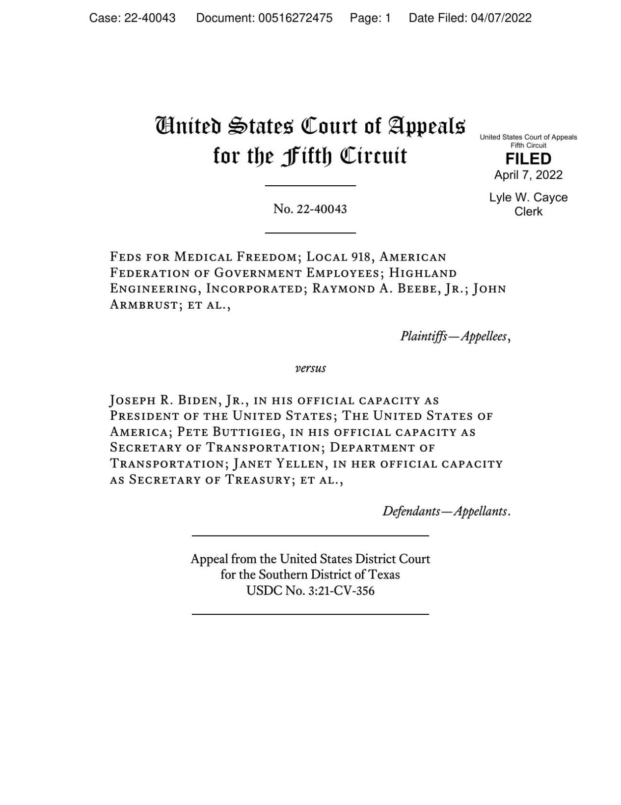 5th Circuit vaccine ruling, April 2022