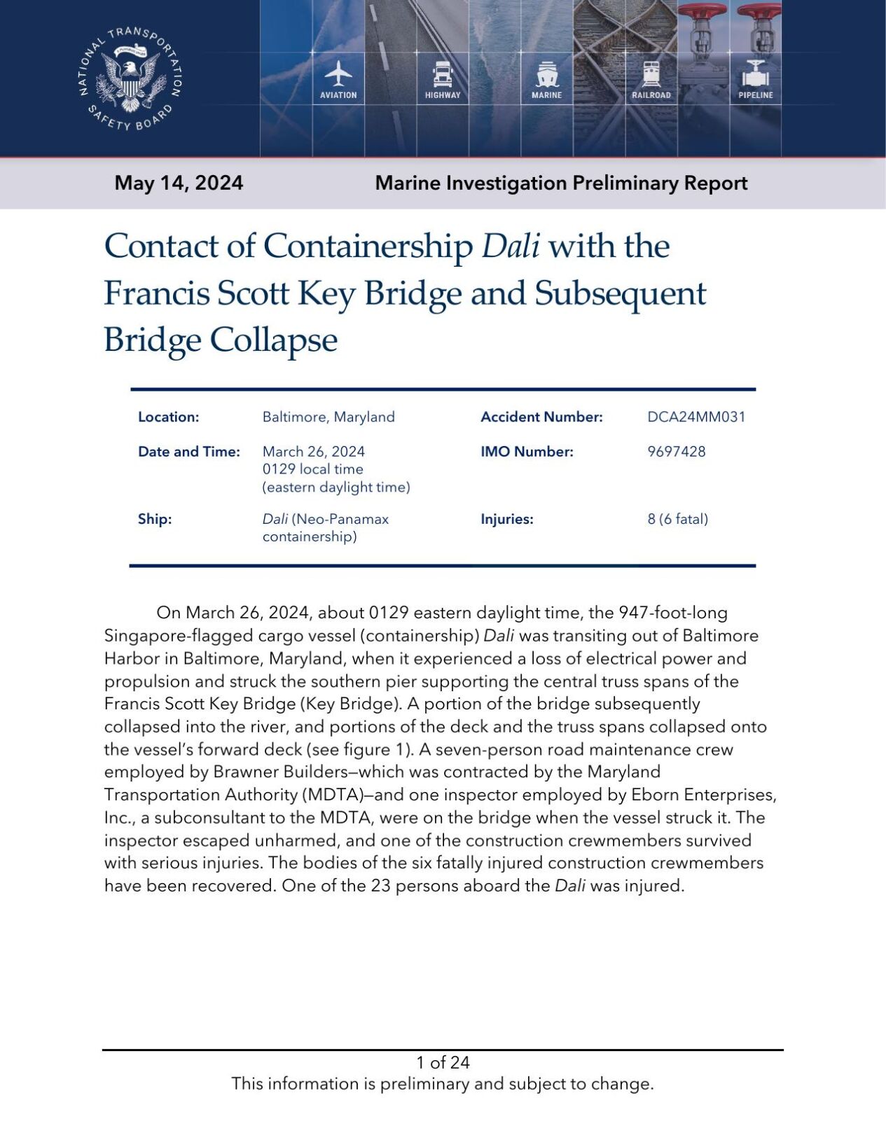 Marine Investigation Preliminary Report