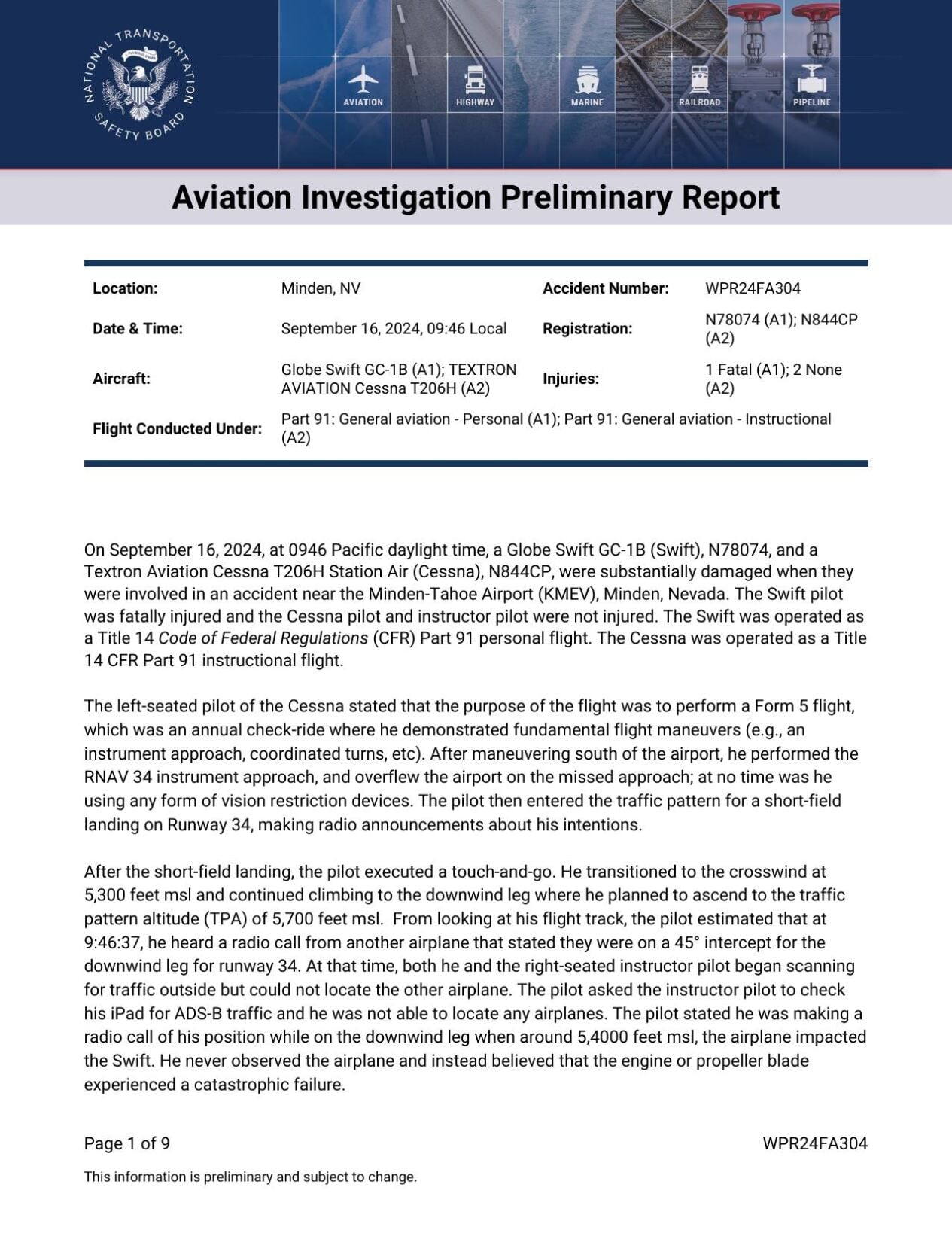 NTSB preliminary report
