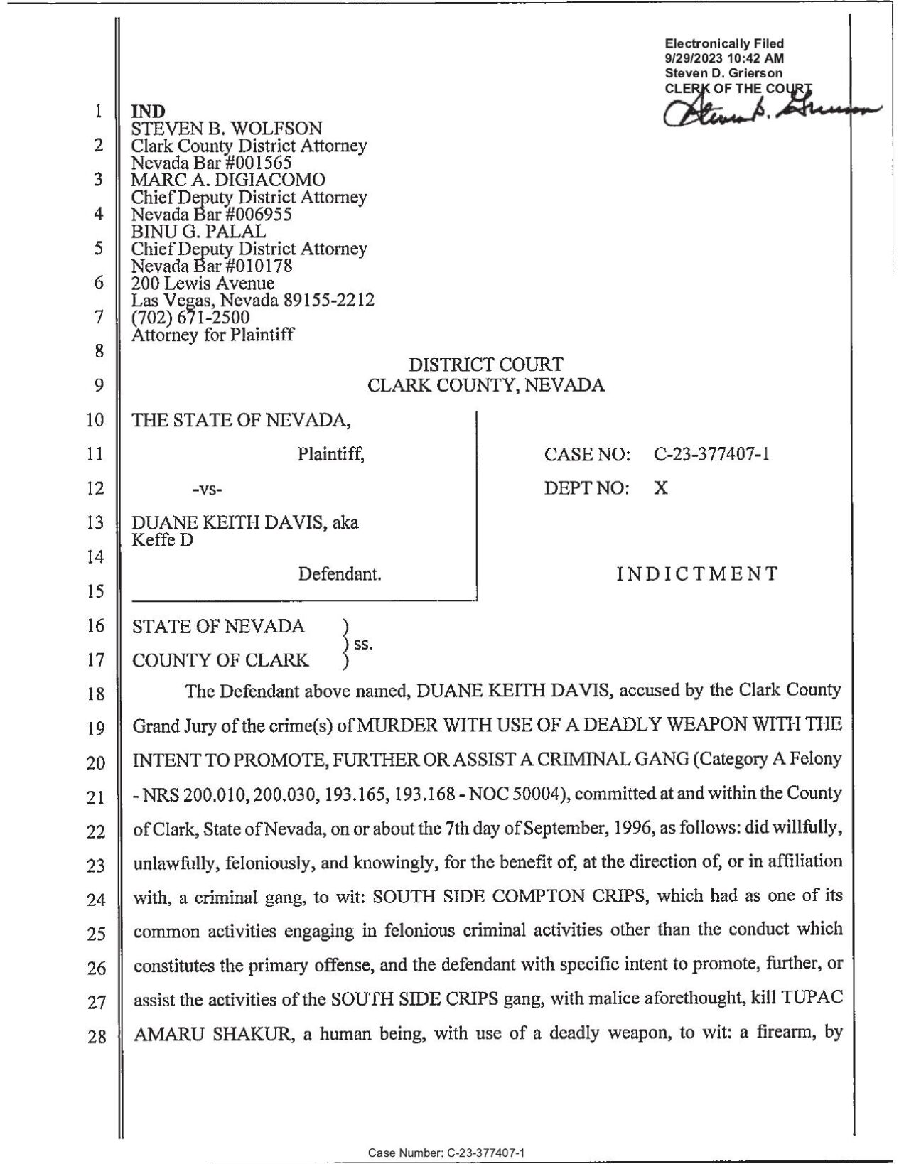 Clark County DA Tupac Shakur Indictment