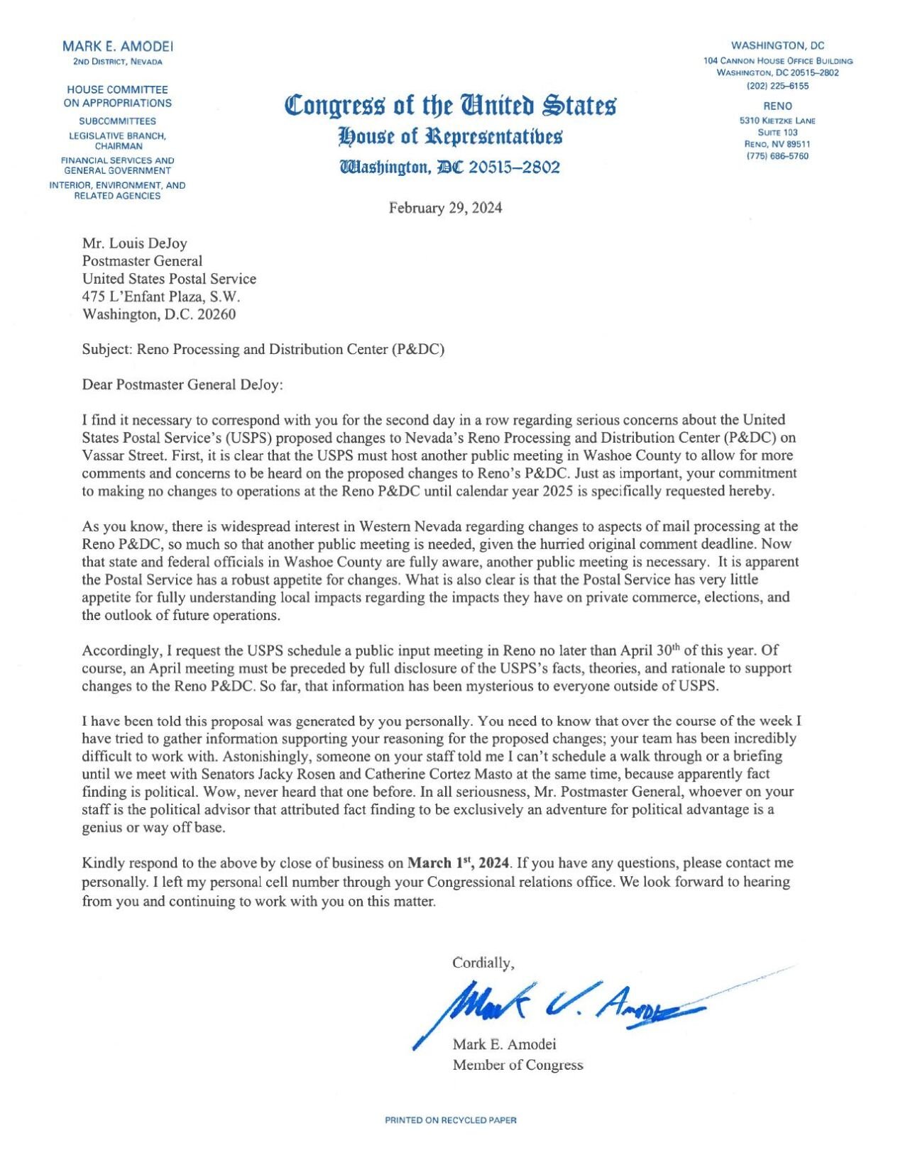 Rep. Amodei USPS letter