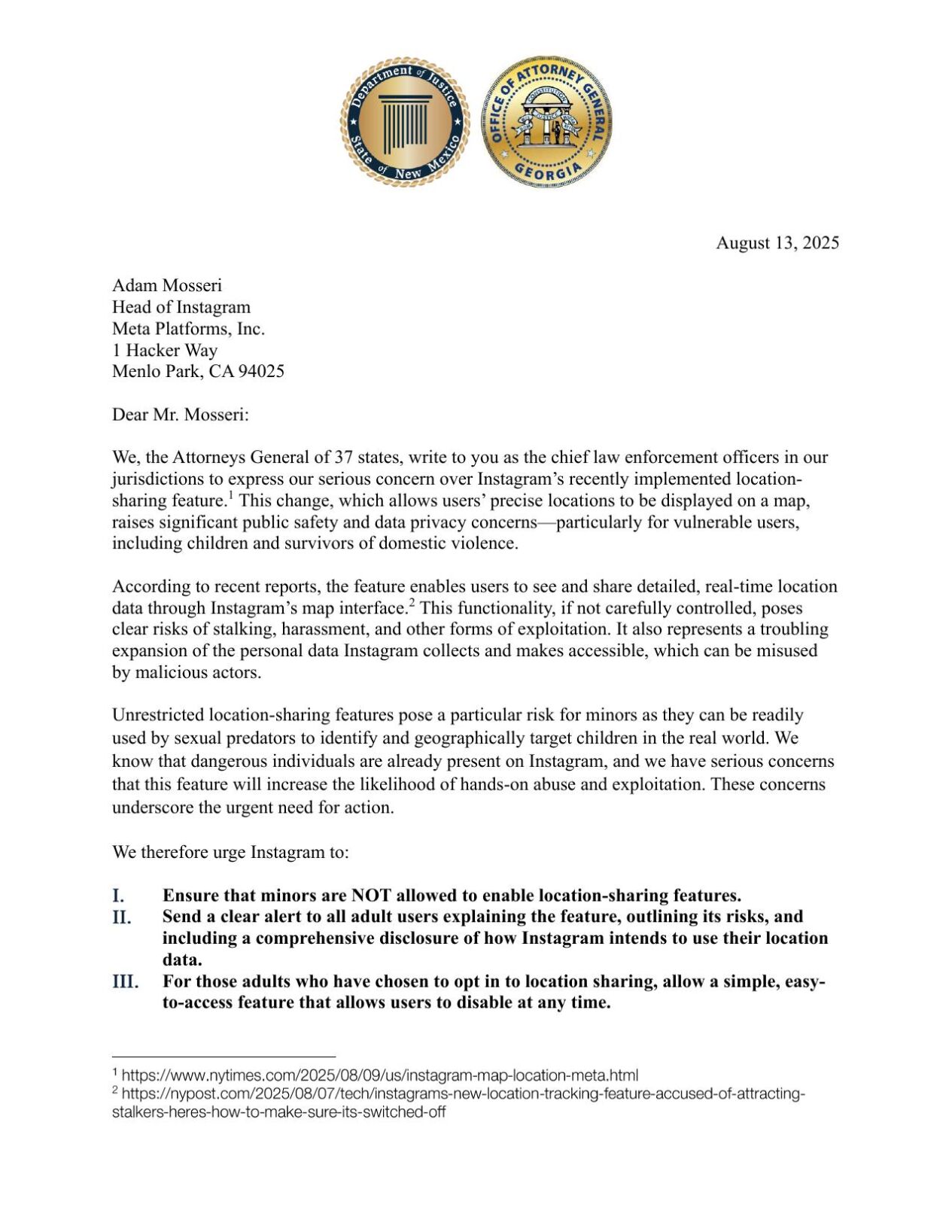 Protect Instagram User Privacy Multistate AG Letter