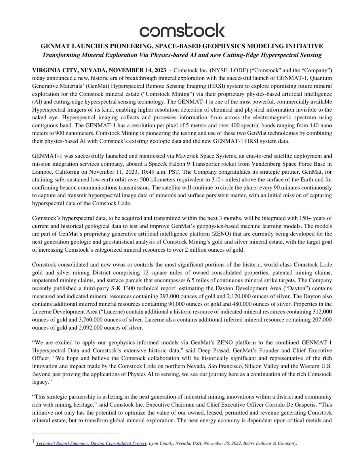 COMSTOCK INC Press Release