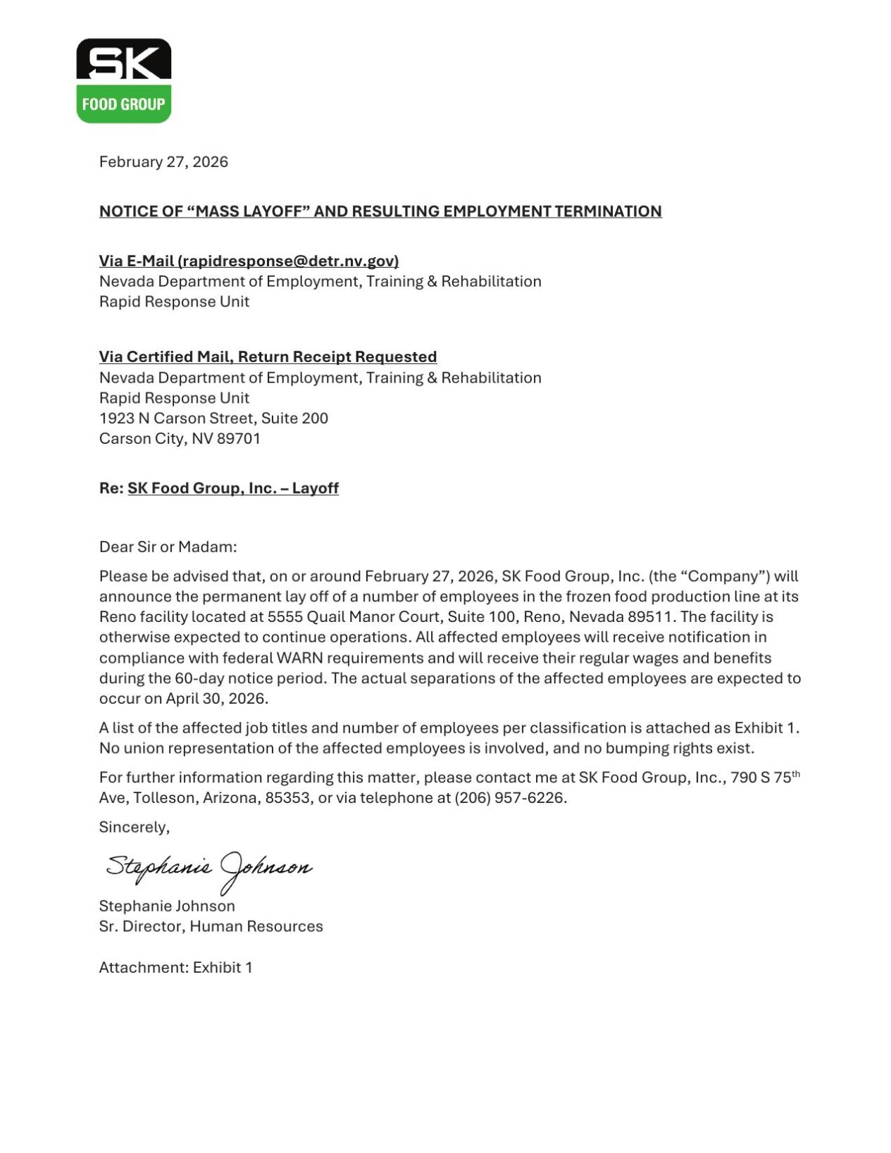 SK Foods WARN Notice