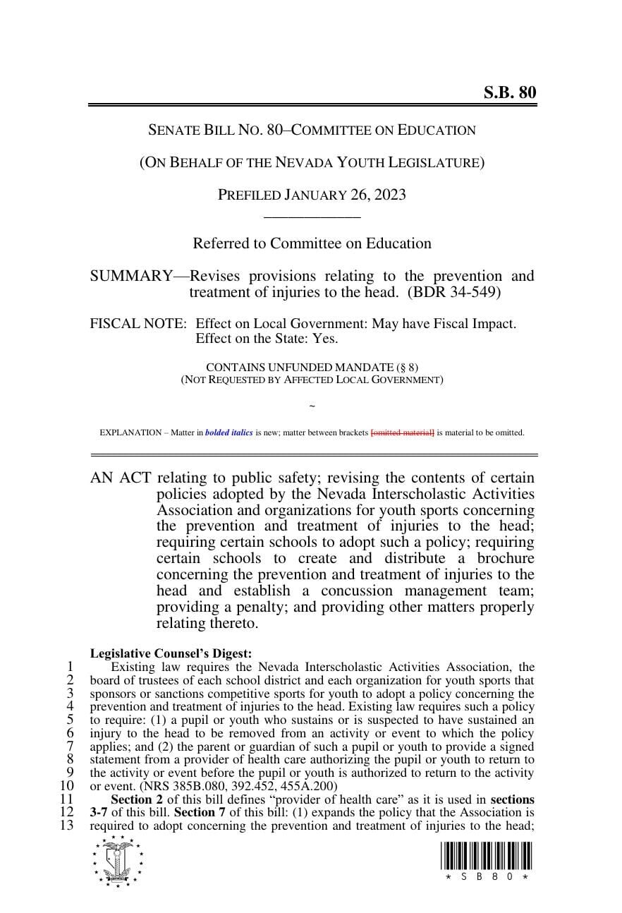 Senate Bill 80 advocating for head injury legislation