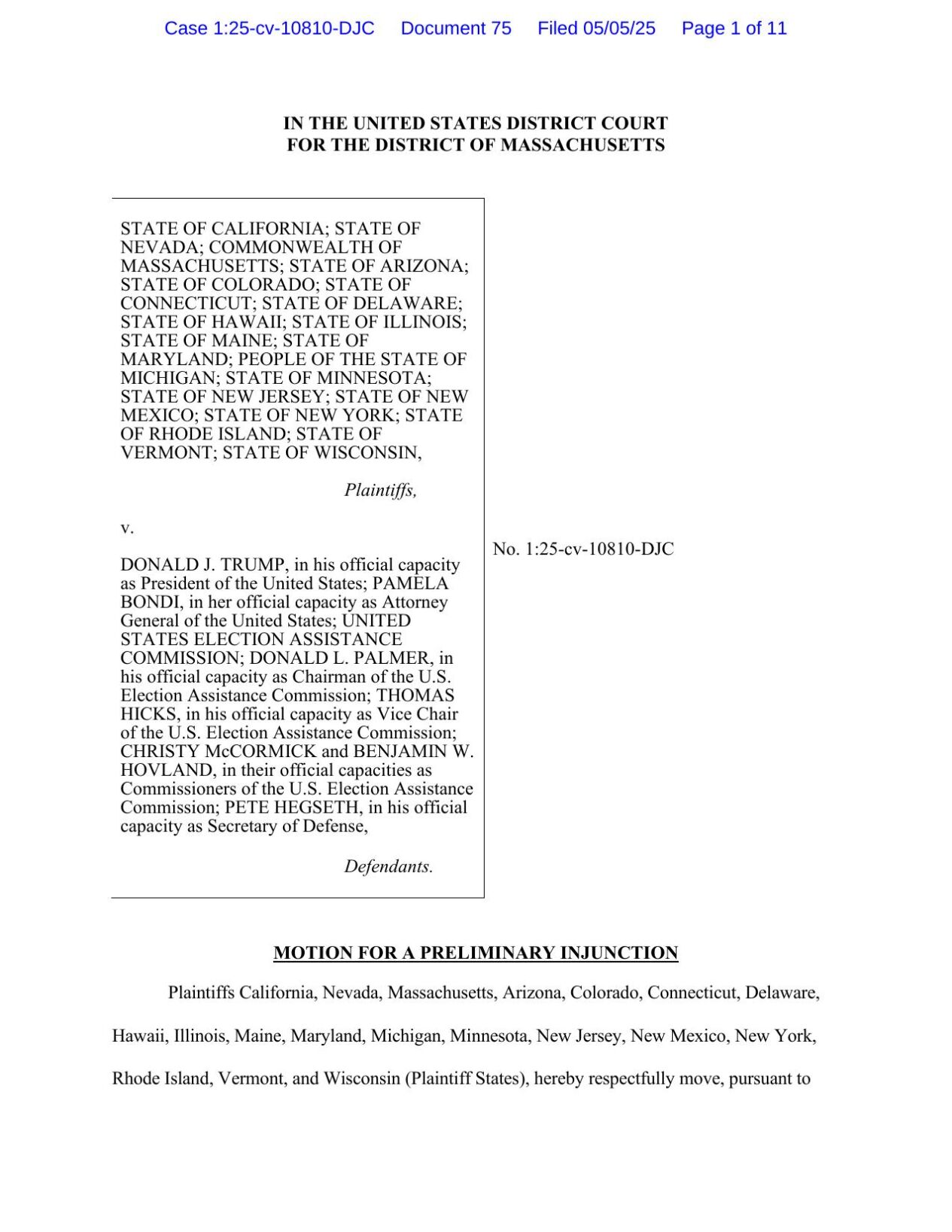 Preliminary injuction to halt elections executive order