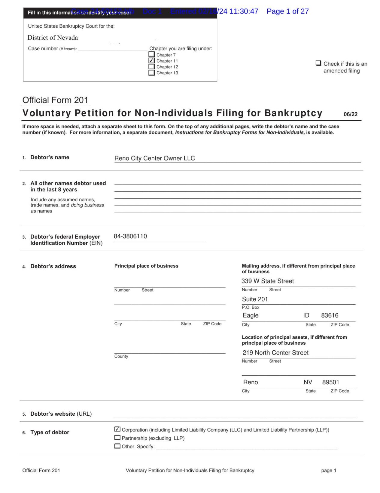 Reno City Center LLC Ch. 11 Filing